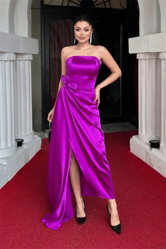 Atlas Fabric Strapless Evening Dress - FUCHSIA - 1