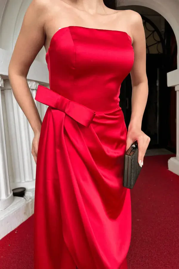 Atlas Fabric Strapless Evening Dress - RED - 3
