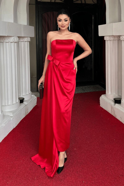 Atlas Fabric Strapless Evening Dress - RED - GIYIMMASALI