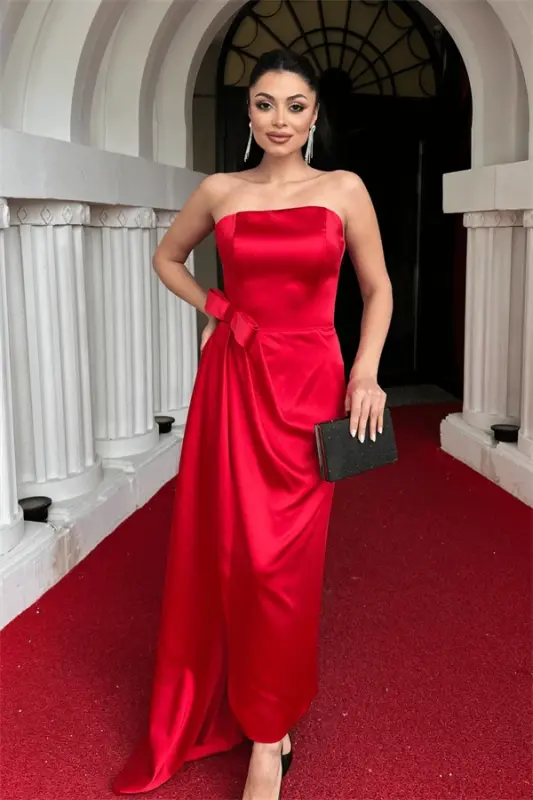 Atlas Fabric Strapless Evening Dress - RED - 4