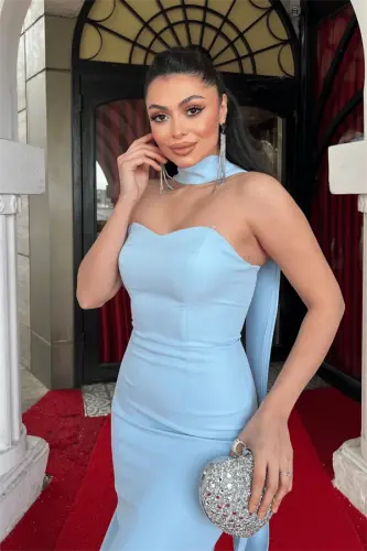 Atlas Fabric Strapless Evening Dress with Shawl Detail - BABY BLUE - 4