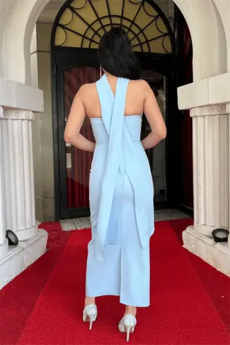 Atlas Fabric Strapless Evening Dress with Shawl Detail - BABY BLUE - 5