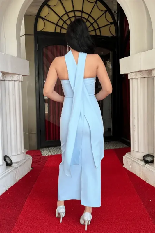 Atlas Fabric Strapless Evening Dress with Shawl Detail - BABY BLUE - 5