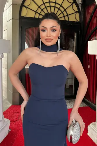 Atlas Fabric Strapless Evening Dress with Shawl Detail - NAVY BLUE - 3