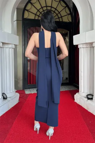 Atlas Fabric Strapless Evening Dress with Shawl Detail - NAVY BLUE - 5