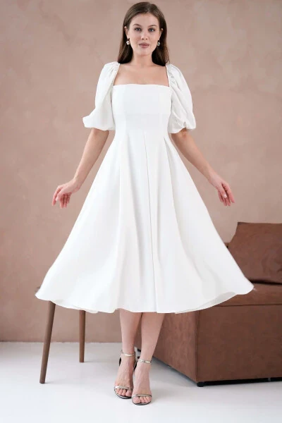 Atlas Fabric Strapless Neck Short Balloon Sleeve Midi Bo - BARIŞ SÜLÜN LOVEBOX