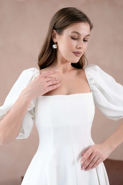 Atlas Fabric Strapless Neck Short Balloon Sleeve Midi Bo - BARIŞ SÜLÜN LOVEBOX (1)