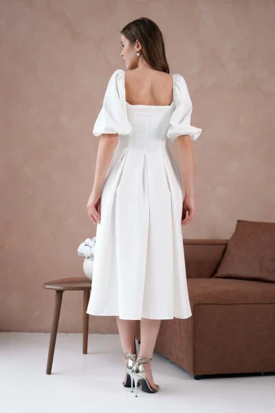 Atlas Fabric Strapless Neck Short Balloon Sleeve Midi Bo - 3