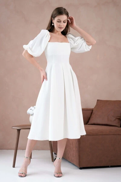 Atlas Fabric Strapless Neck Short Balloon Sleeve Midi Bo - 5