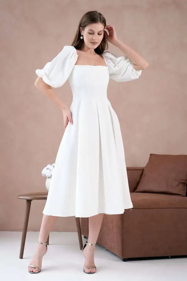 Atlas Fabric Strapless Neck Short Balloon Sleeve Midi Bo - 5