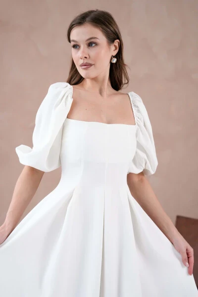 Atlas Fabric Strapless Neck Short Balloon Sleeve Midi Bo - 6