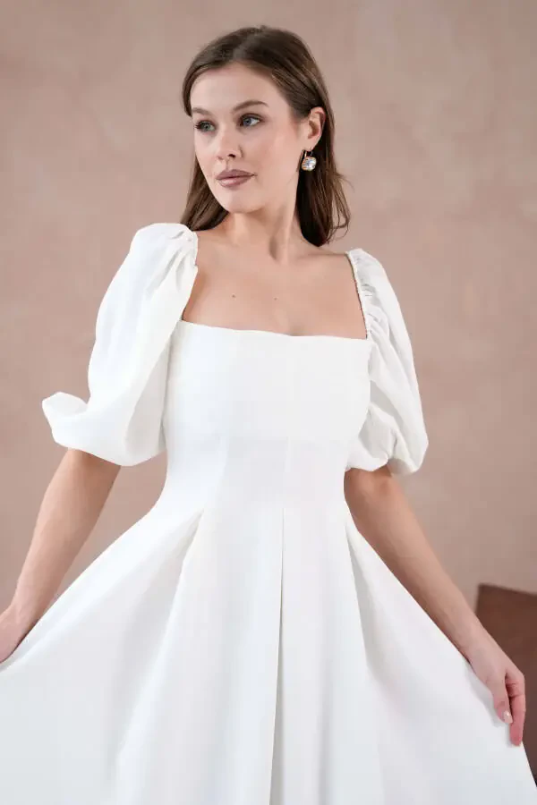 Atlas Fabric Strapless Neck Short Balloon Sleeve Midi Bo - 6