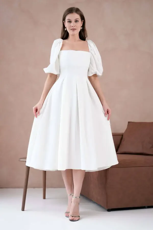 Atlas Fabric Strapless Neck Short Balloon Sleeve Midi Bo - 7