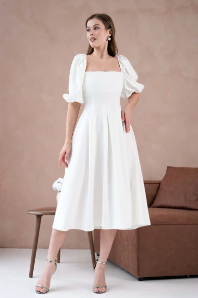 Atlas Fabric Strapless Neck Short Balloon Sleeve Midi Bo - 8