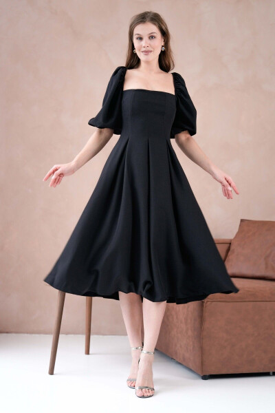 Atlas Fabric Strapless Neck Short Balloon Sleeve Midi Dr - BARIŞ SÜLÜN LOVEBOX