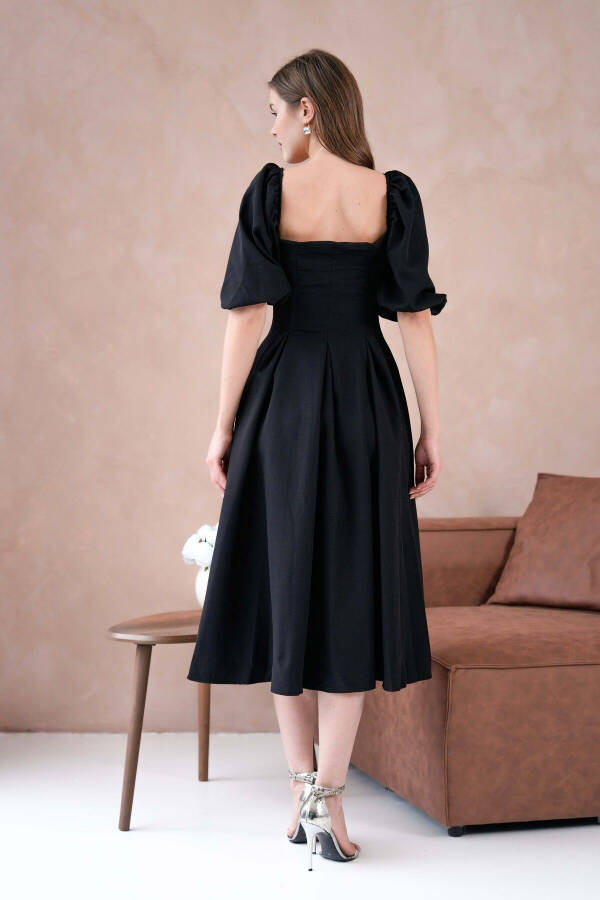 Atlas Fabric Strapless Neck Short Balloon Sleeve Midi Dr - 3