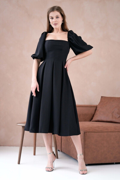 Atlas Fabric Strapless Neck Short Balloon Sleeve Midi Dr - 5