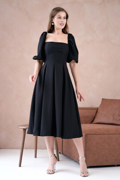 Atlas Fabric Strapless Neck Short Balloon Sleeve Midi Dr - 6