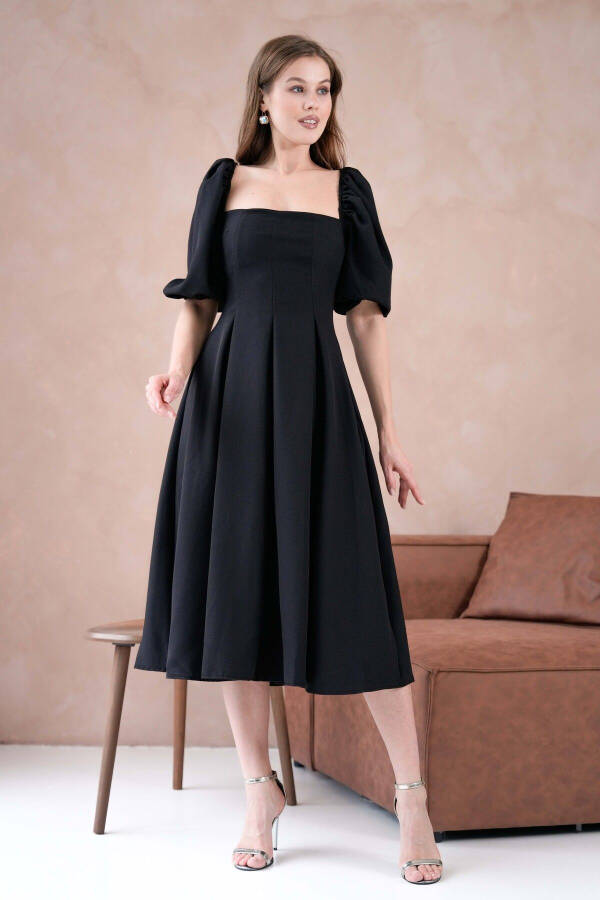 Atlas Fabric Strapless Neck Short Balloon Sleeve Midi Dr - 6