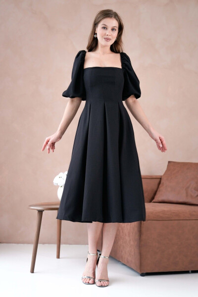 Atlas Fabric Strapless Neck Short Balloon Sleeve Midi Dr - 7