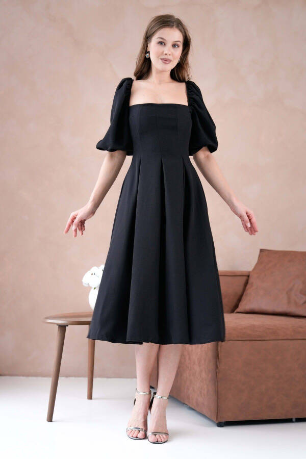 Atlas Fabric Strapless Neck Short Balloon Sleeve Midi Dr - 7