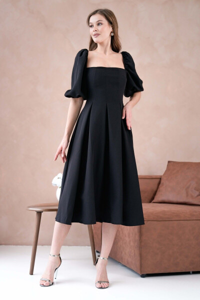 Atlas Fabric Strapless Neck Short Balloon Sleeve Midi Dr - 8