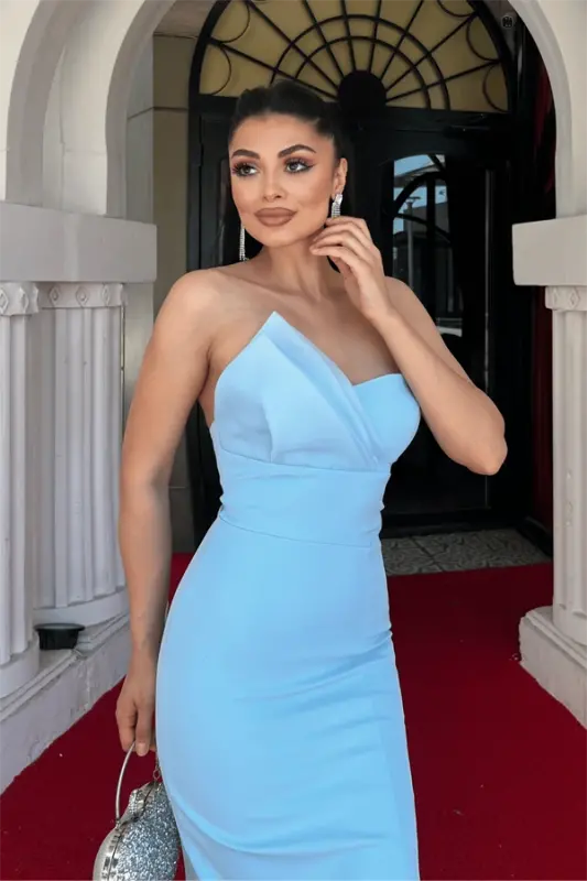 Atlas Fabric Strapless Pencil Dress - BABY BLUE - 3