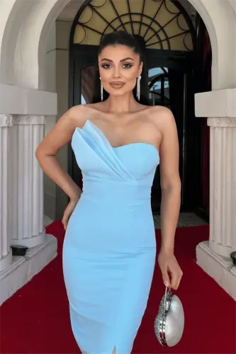 Atlas Fabric Strapless Pencil Dress - BABY BLUE - 4