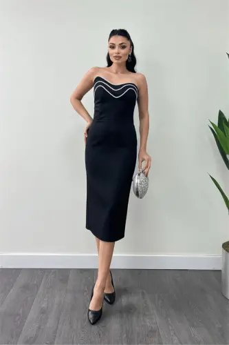 Atlas Fabric Strapless Pencil Dress - BLACK - 1