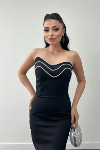 Atlas Fabric Strapless Pencil Dress - BLACK - 4