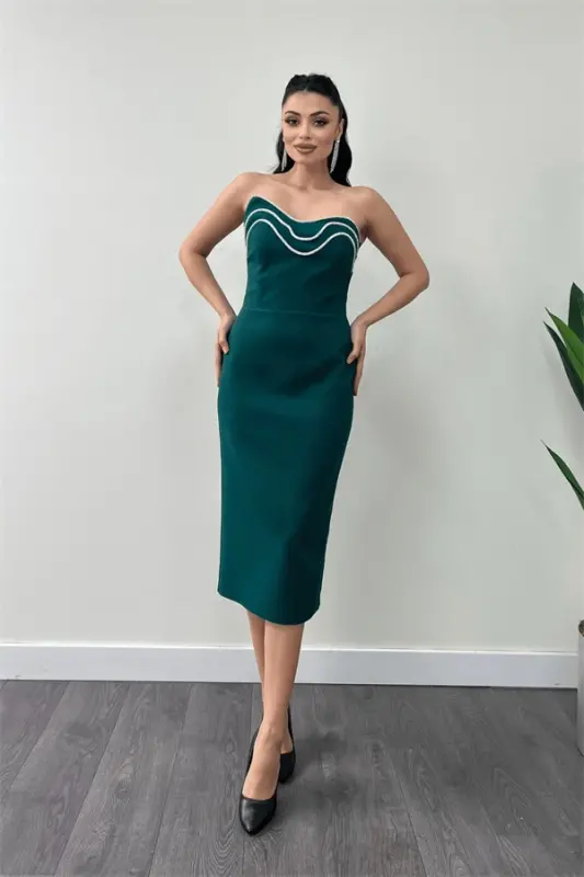 Atlas Fabric Strapless Pencil Dress - EMERALD GREEN - 1
