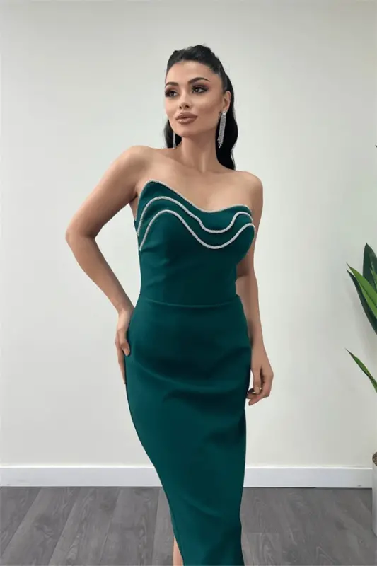 Atlas Fabric Strapless Pencil Dress - EMERALD GREEN - 4