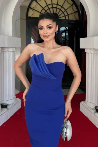 Atlas Fabric Strapless Pencil Dress - NAVY BLUE - 3