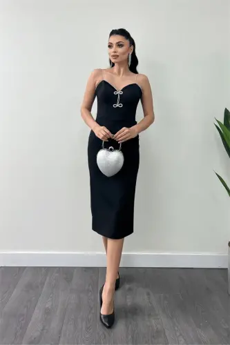 Atlas Fabric Strappy Sequin Detail Pencil Dress - BLACK - BÜYÜKBEDENIZ (1)