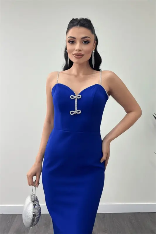 Atlas Fabric Strappy Sequin Detailed Pencil Dress - SAX BLUE - 3