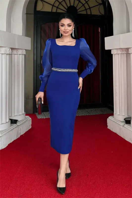 Atlas Kumaş Belli Taşlı Kalem Elbise - SAKS MAVİ - BÜYÜKBEDENIZ