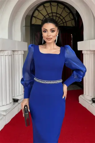 Atlas Kumaş Belli Taşlı Kalem Elbise - SAKS MAVİ - 4