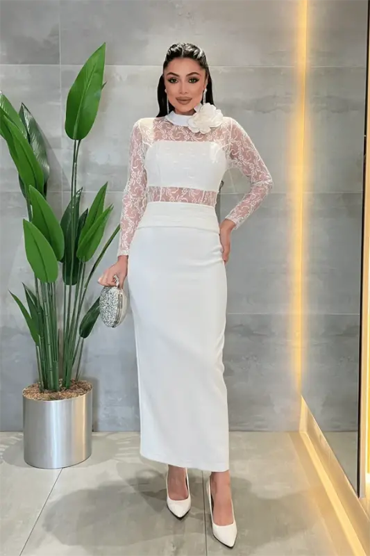 Atlas Kumaş Dantel Detaylı Elbise - BEYAZ - 1