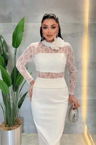 Atlas Kumaş Dantel Detaylı Elbise - BEYAZ - 3