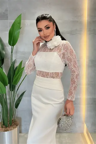 Atlas Kumaş Dantel Detaylı Elbise - BEYAZ - 4