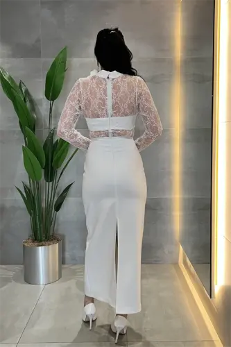 Atlas Kumaş Dantel Detaylı Elbise - BEYAZ - 5