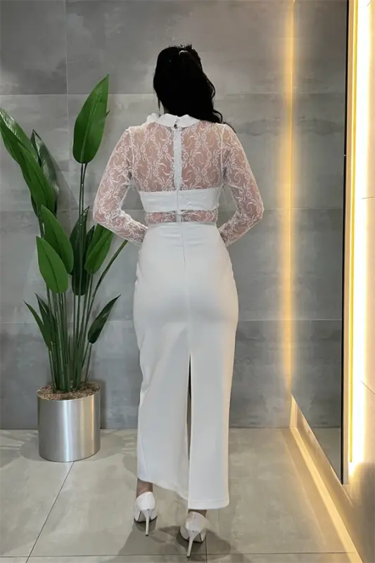 Atlas Kumaş Dantel Detaylı Elbise - BEYAZ - 5