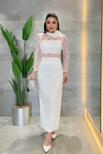 Atlas Kumaş Dantel Detaylı Elbise - BEYAZ - BÜYÜKBEDENIZ (1)