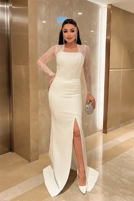 Atlas Kumaş Dantel Detaylı Korseli Abiye Elbise - BEYAZ - BÜYÜKBEDENIZ