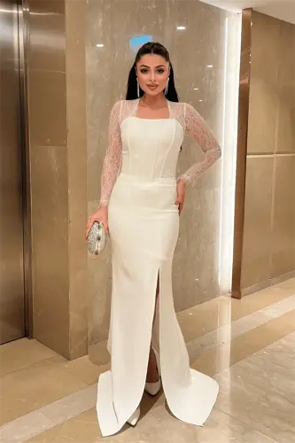 Atlas Kumaş Dantel Detaylı Korseli Abiye Elbise - BEYAZ - 2