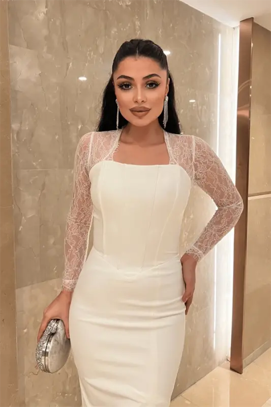 Atlas Kumaş Dantel Detaylı Korseli Abiye Elbise - BEYAZ - 3