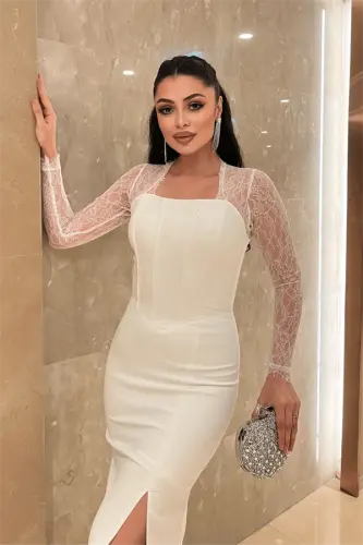 Atlas Kumaş Dantel Detaylı Korseli Abiye Elbise - BEYAZ - 4