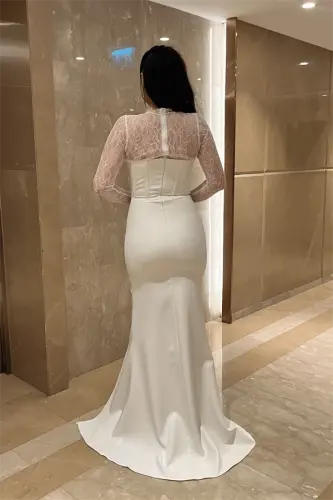 Atlas Kumaş Dantel Detaylı Korseli Abiye Elbise - BEYAZ - 5