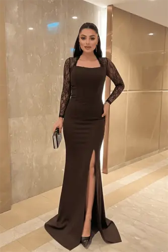 Atlas Kumaş Dantel Detaylı Korseli Abiye Elbise - KAHVERENGİ - 1