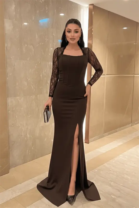 Atlas Kumaş Dantel Detaylı Korseli Abiye Elbise - KAHVERENGİ - 1